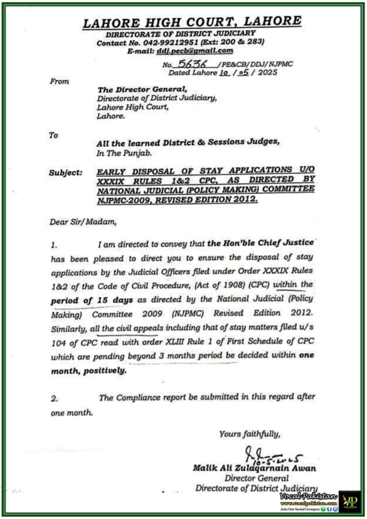 Lahore High Court Orders Early Disposal of Stay Applications under Order XXXIX CPC – Official Directive Issued