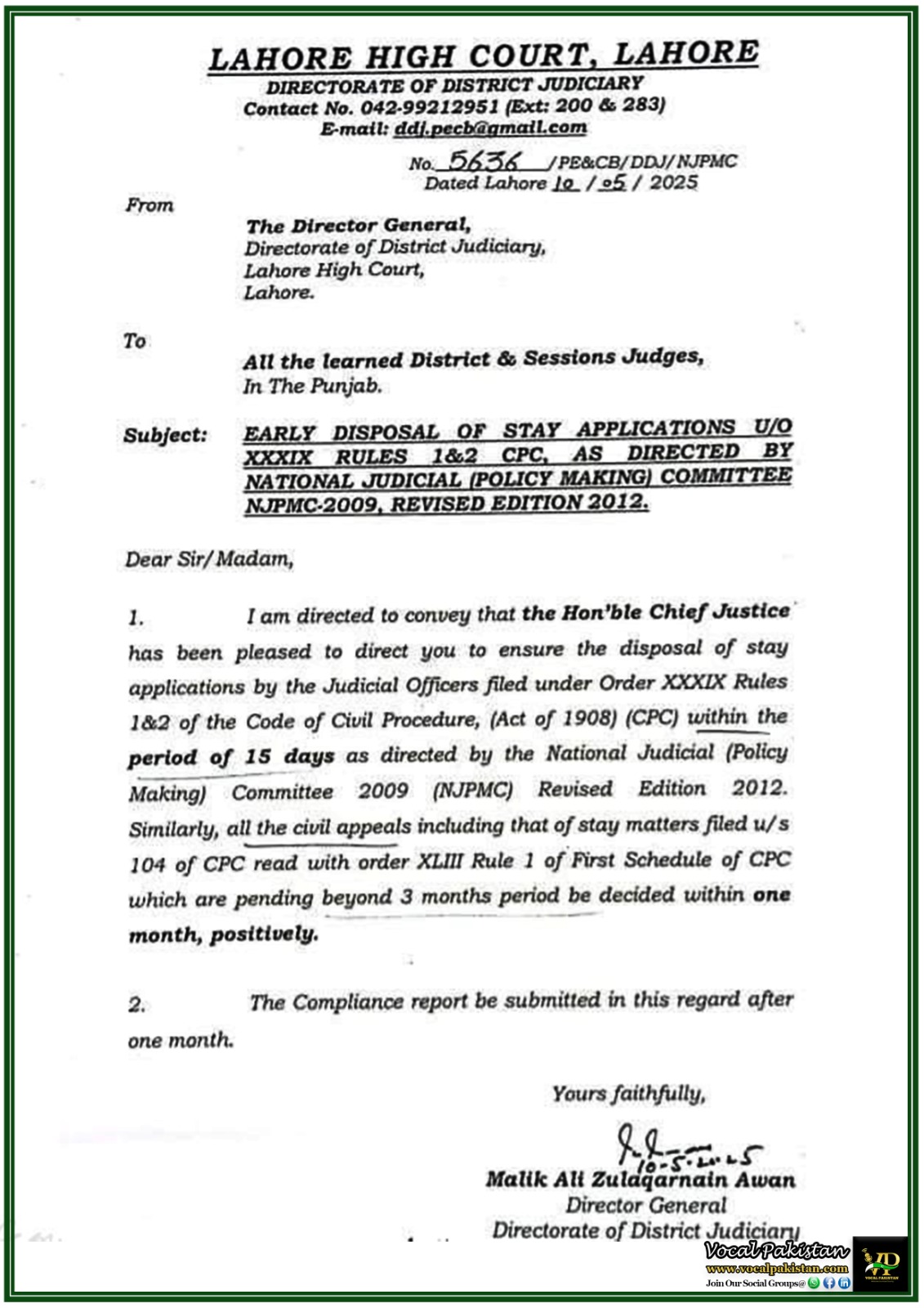 Cour, Law & Justice 1 Lahore High Court Orders Early Disposal of Stay Applications under Order XXXIX CPC – Official Directive Issued