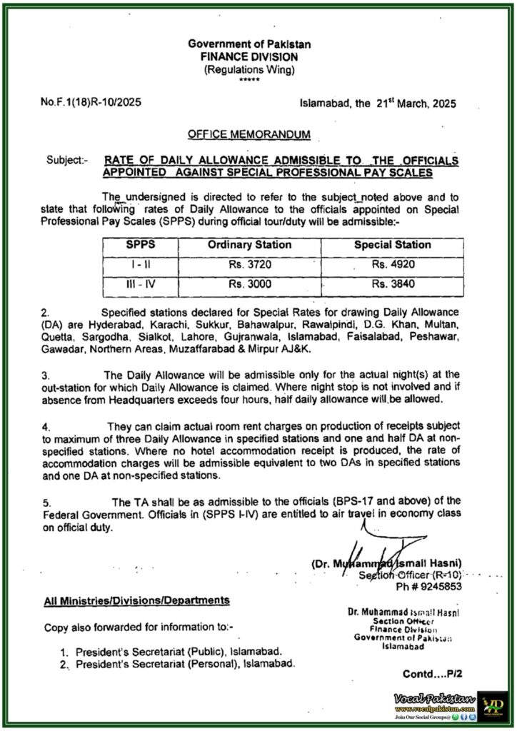 New Daily Allowance Rates Announced for Special Professional Pay Scales (SPPS) Officials–Notification 5 New Daily Allowance Rates Announced for Special Professional Pay Scales (SPPS) Officials–Notification