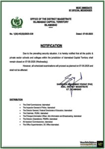 Notification of Islamabad Schools & Colleges Shut on May 7, 2025–Exams Will Continue