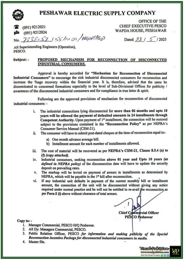PESCO Announces Reconnection Policy for Industrial Consumers–Official Notification