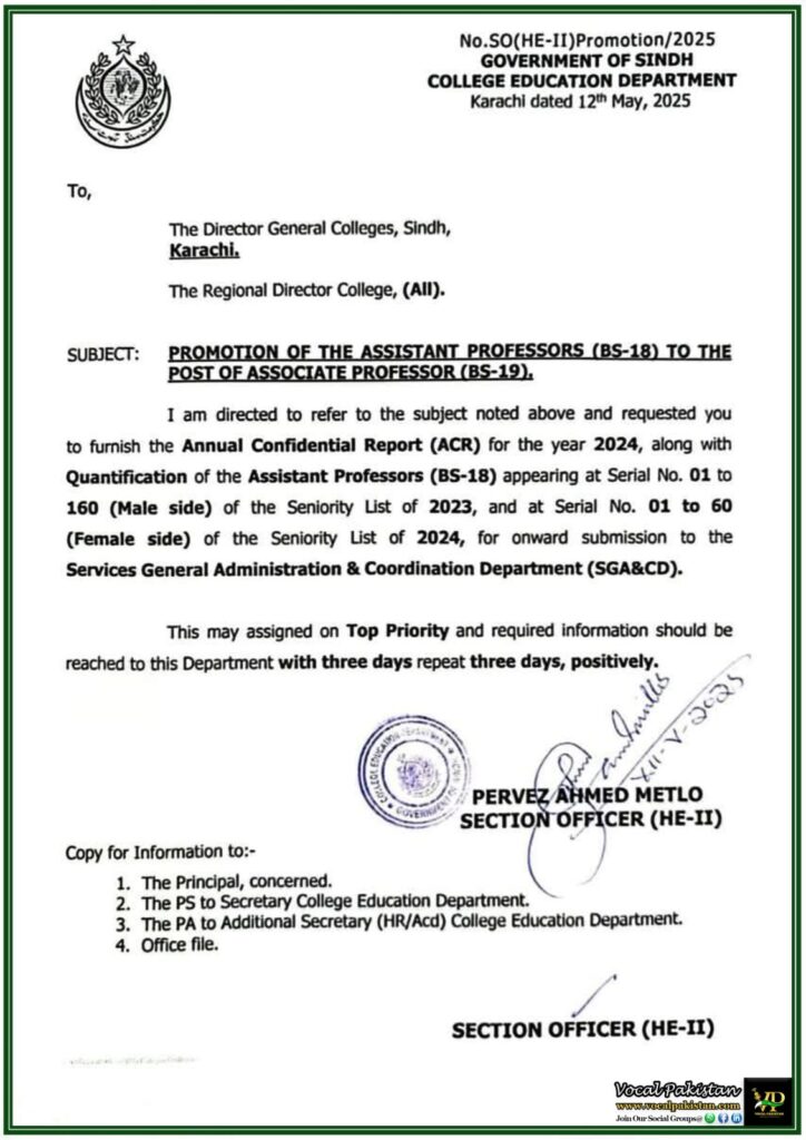 Promotion Process Begins for Assistant Professors in Sindh – BS-18 to BS-19 Transition Underway 1 Promotion Process Begins for Assistant Professors in Sindh – BS-18 to BS-19 Transition Underway
