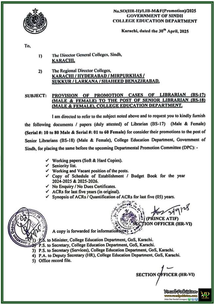 Promotion from BS-17 to BS-18 Librarians in Sindh–Required Documents Listed in New Notification