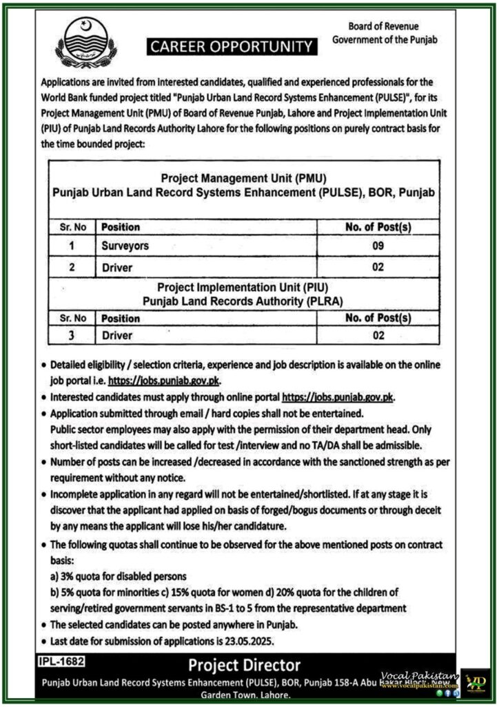 Punjab BOR & PLRA Job Openings – 13+ Vacancies for Surveyors & Drivers (World Bank Funded Project)–Online Applications Open Till 23 May 2025