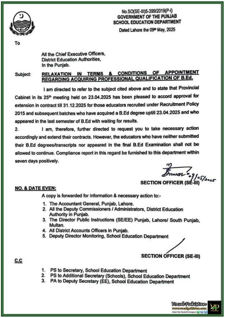Punjab Educators Contract Extension Approved B.Ed Requirement Relaxed for Teachers Hired Under 2015 Policy–Latest Government Notification
