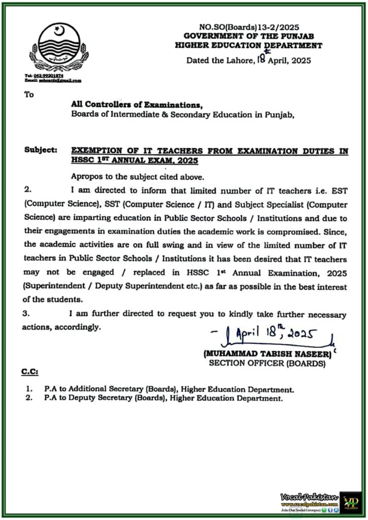 Punjab Government Notification IT Teachers Exempted from Exam Duties – Full Details Inside