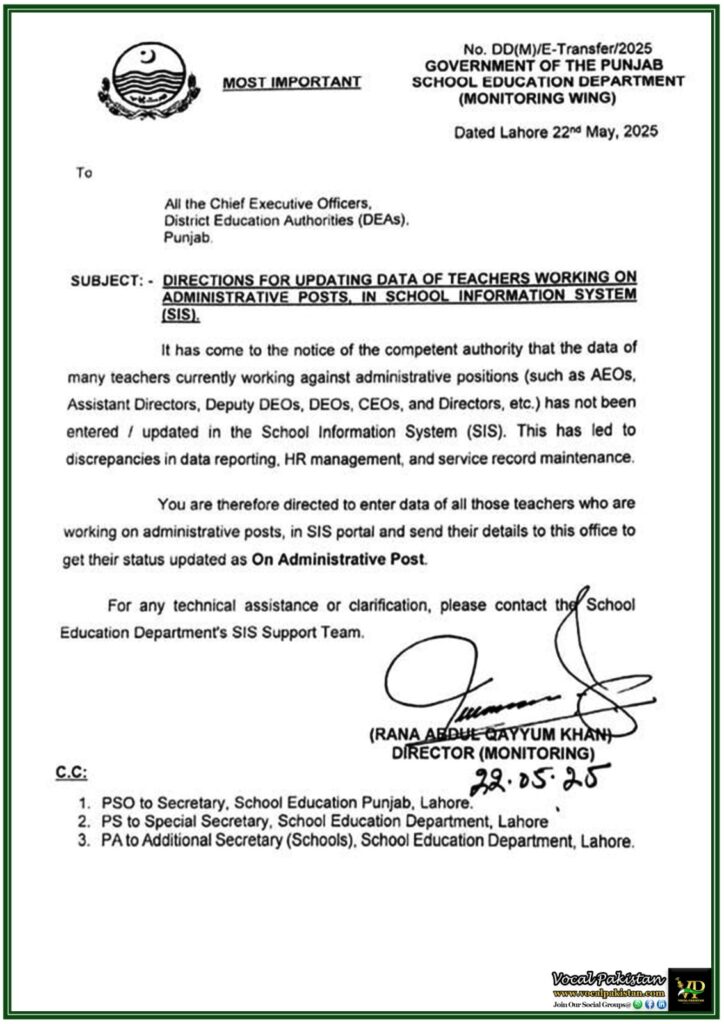 Punjab School Education Orders SIS Update for Teachers on Admin Posts–Official Notification 8 Punjab School Education Orders SIS Update for Teachers on Admin Posts–Official Notification