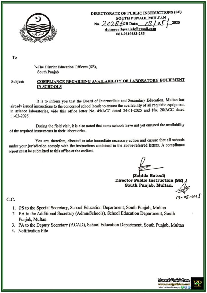 Science Lab Equipment Shortage in Schools – DPI South Punjab Issues Strict Compliance Notification