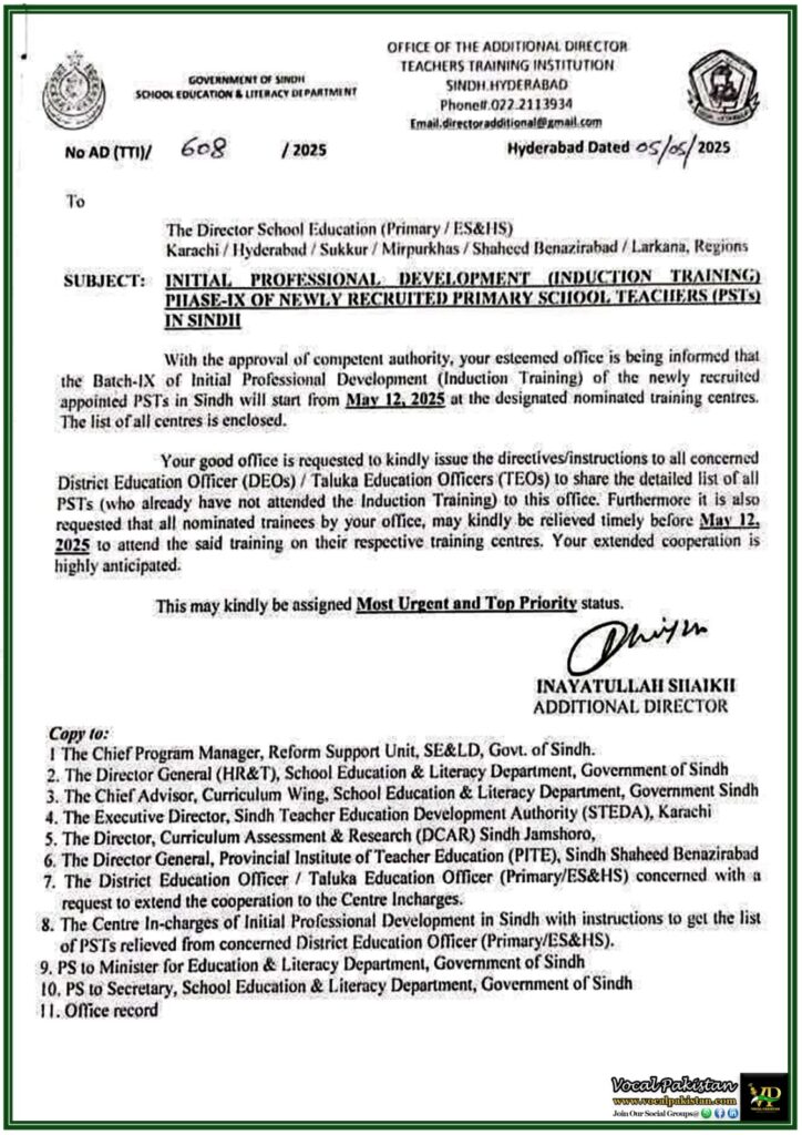 Sindh Announces Phase-IX Induction Training for New Primary Teachers–Full Notification 9 Sindh Announces Phase-IX Induction Training for New Primary Teachers–Full Notification