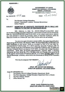 Sindh Education Department Issues Final Reminder to Submit Professor Promotion Cases Submissions