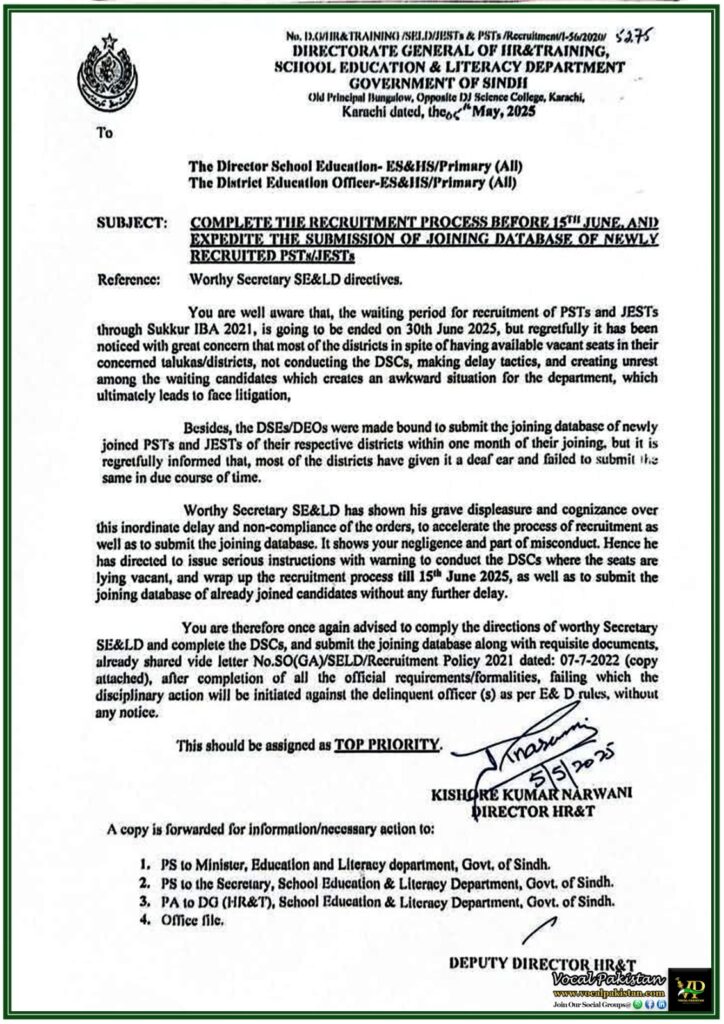 Sindh Education Department Orders Completion of PST/JEST Recruitment by June 15–Full Notification 8 Sindh Education Department Orders Completion of PSTJEST Recruitment by June 15–Full Notification