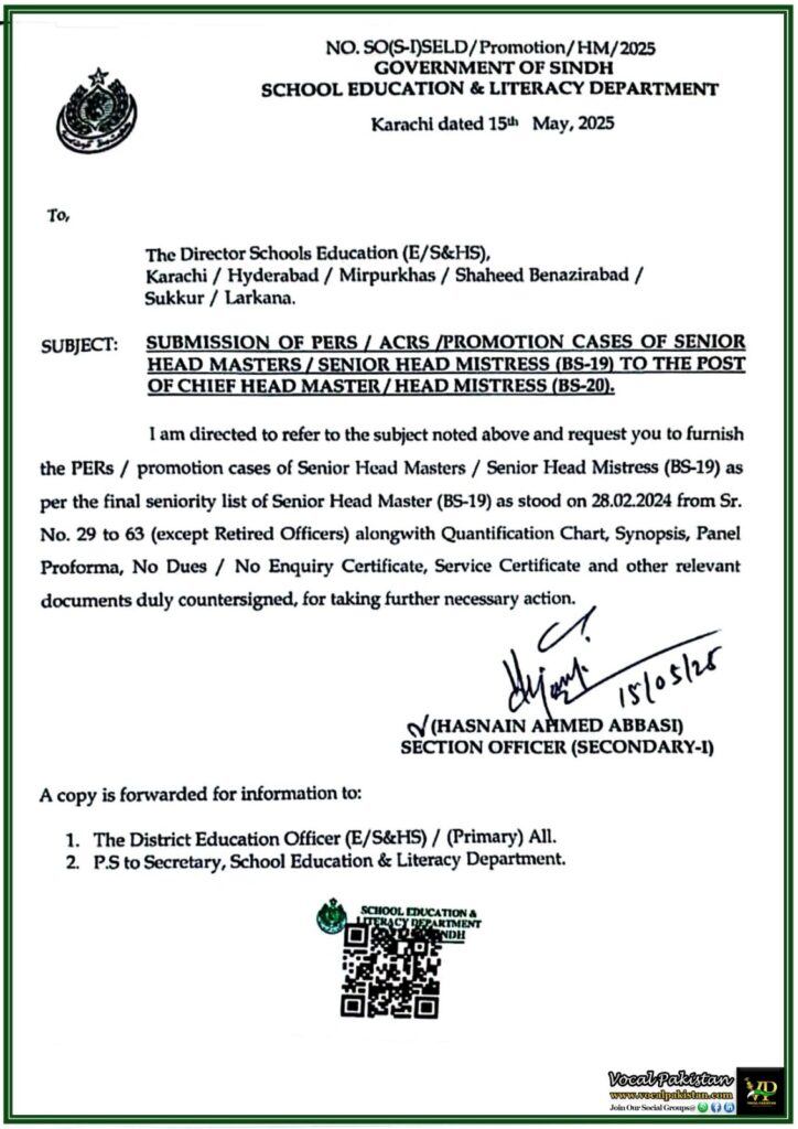 Sindh Education Department Seeks Promotion Files for Senior Head MastersMistresses (BS-19)–Official Notification