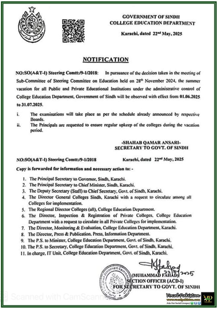 Sindh Government Announces Summer Vacations for Colleges–Education Department Notification 10 Sindh Government Announces Summer Vacations for Colleges–Education Department Notification