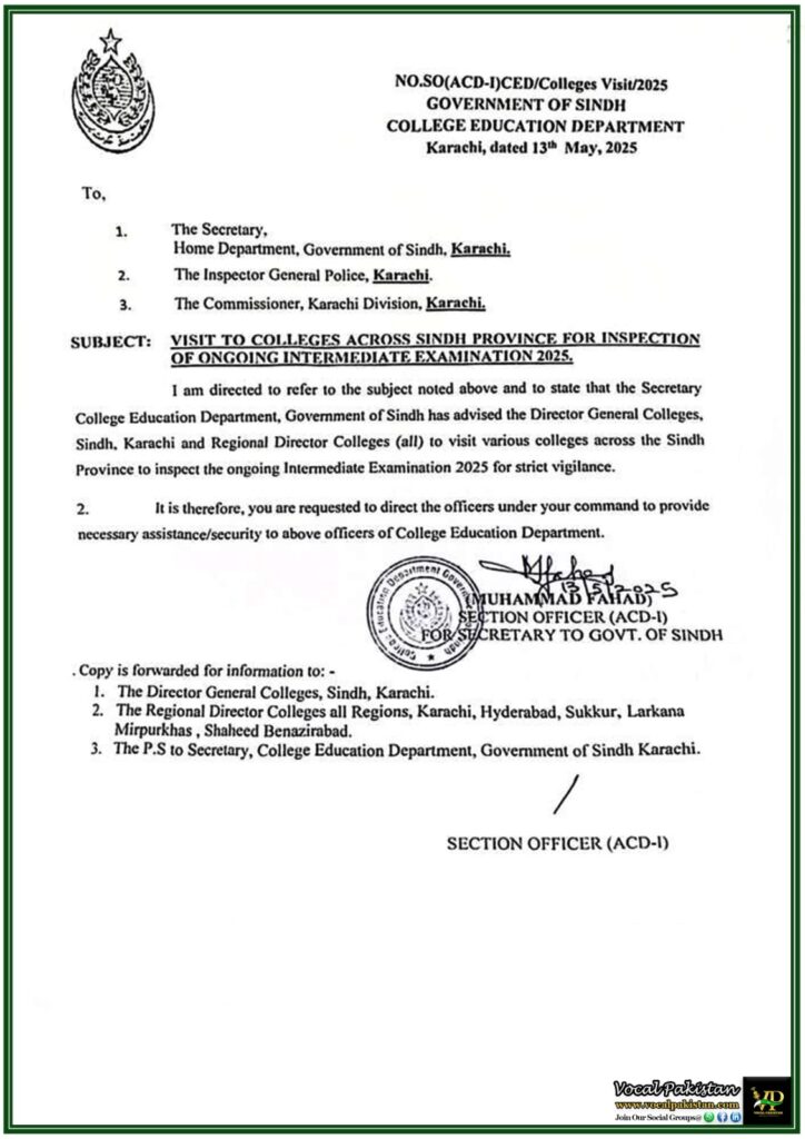 Sindh Government Orders Surprise College Inspections During Intermediate Exams 2025– Official Notification