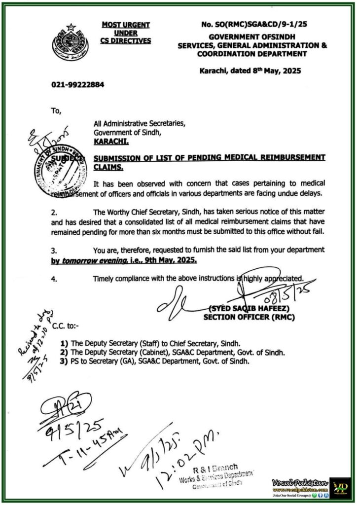 Sindh Government Orders Urgent Submission of Pending Medical Reimbursement Claims List– Notification