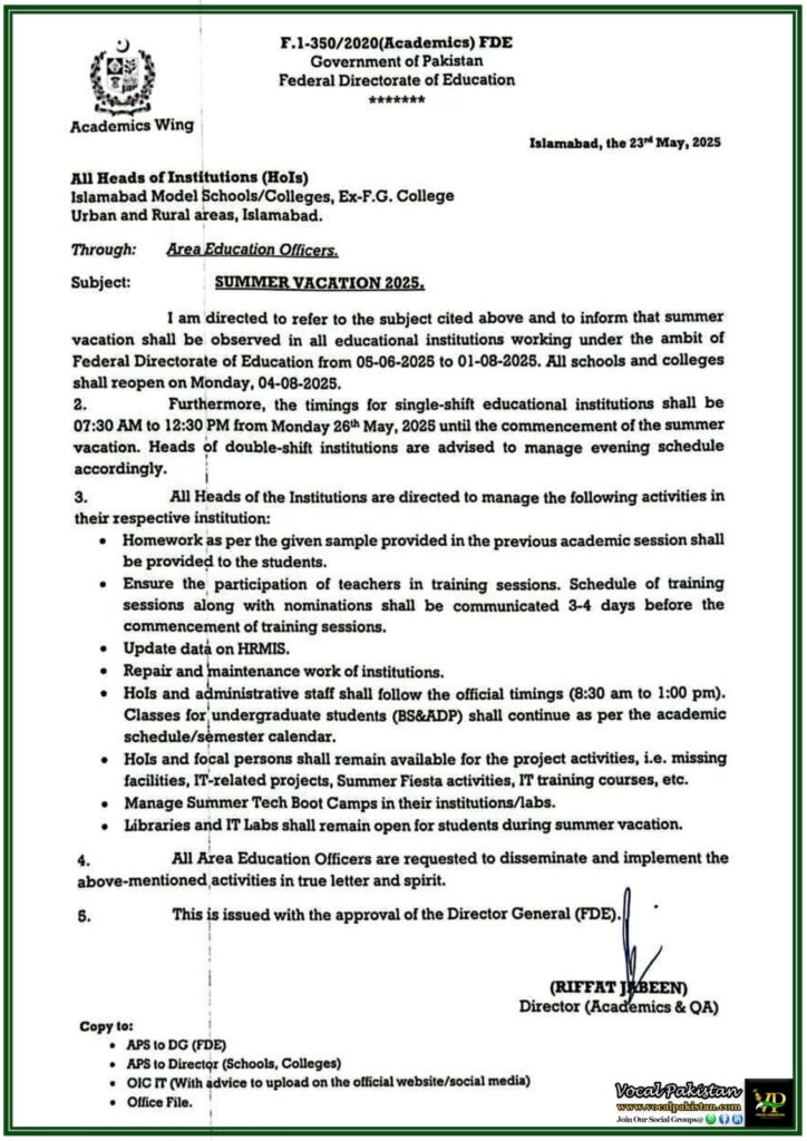 Summer Vacations Announced for Federal Schools & Colleges–Federal Directorate of Education (FDE) Issues Official Notification