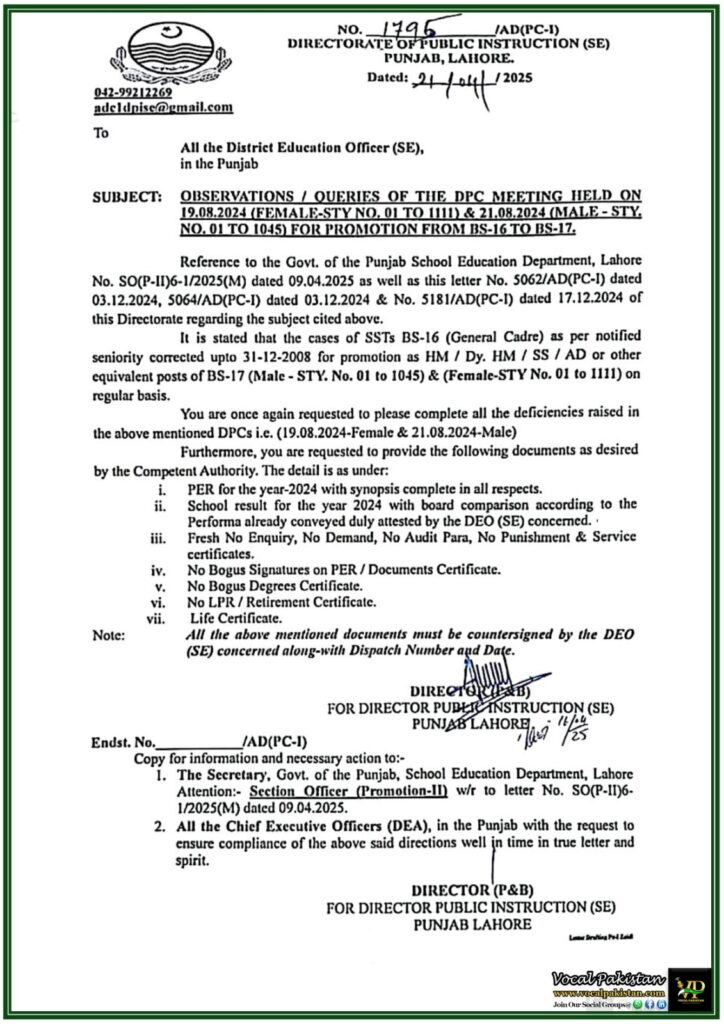 Urgent Submission Required for SSTs Seeking Promotion to BS-17–DPI Punjab Lahore Notification