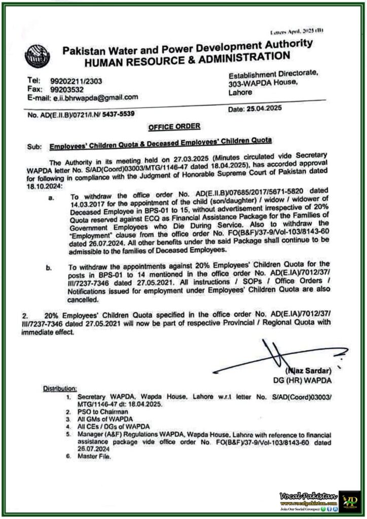 WAPDA Ends Employees’ Children and Deceased Quota Appointments–Official Notification