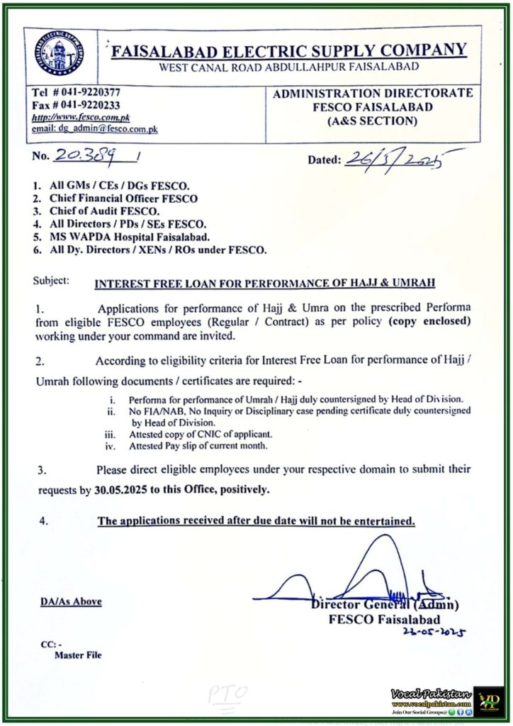 FESCO Employees Can Now Apply for Interest-Free Hajj & Umrah Loan–Official Notification Released 8 FESCO Employees Can Now Apply for Interest-Free Hajj & Umrah Loan–Official Notification Released