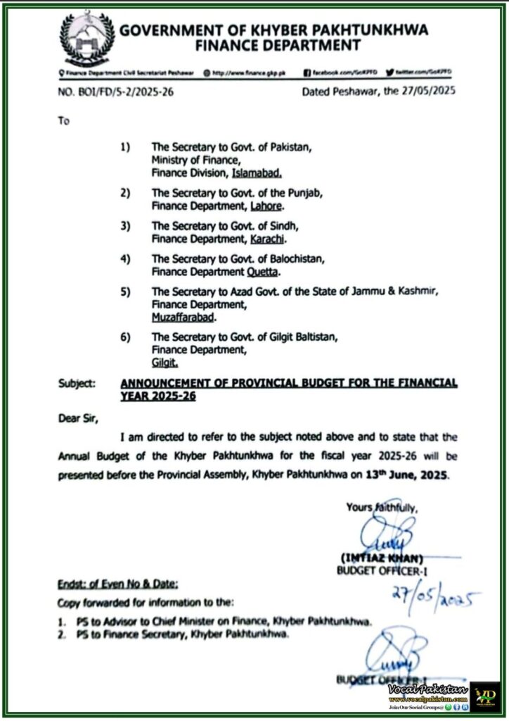 Khyber Pakhtunkhwa Budget 2025-26 to Be Presented on 13th June 2025–Official Government Notification Issued 2 Khyber Pakhtunkhwa Budget 2025-26 to Be Presented on 13th June 2025–Official Government Notification Issued