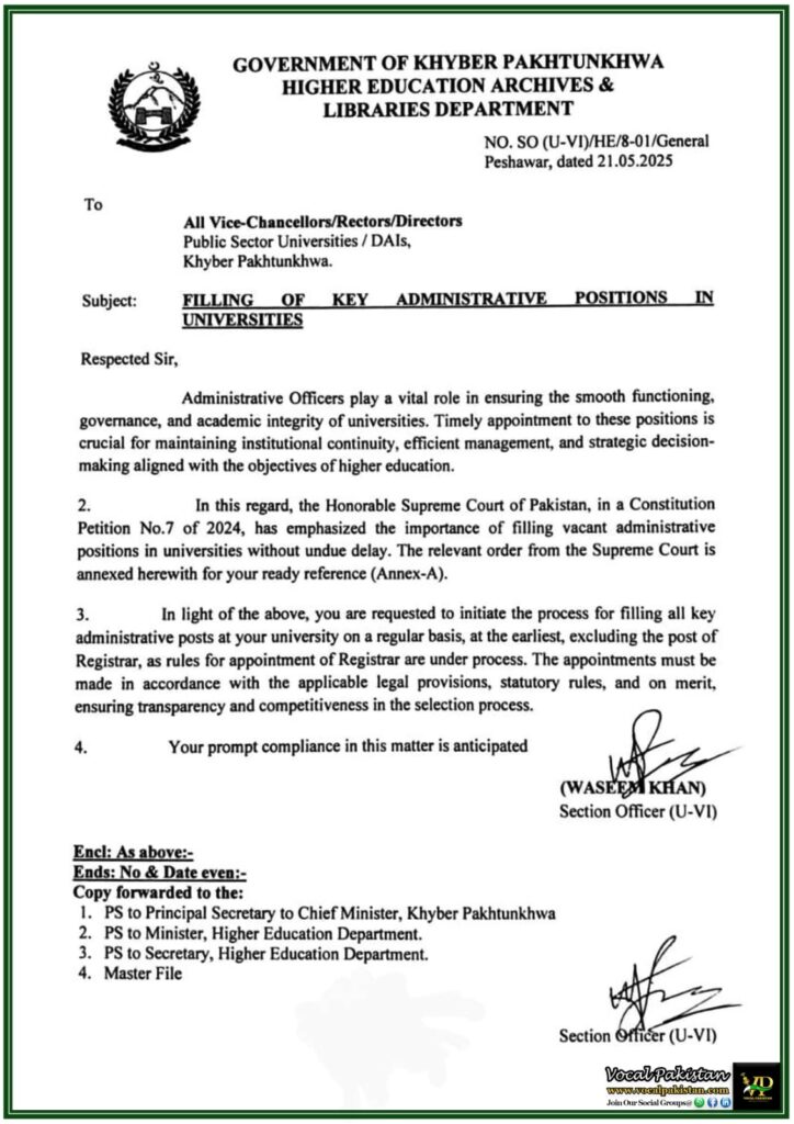 Khyber Pakhtunkhwa Government Orders Immediate Filling of Key University Admin Posts–Supreme Court’s Directives Enforced 7 Khyber Pakhtunkhwa Government Orders Immediate Filling of Key University Admin Posts–Supreme Court’s Directives Enforced