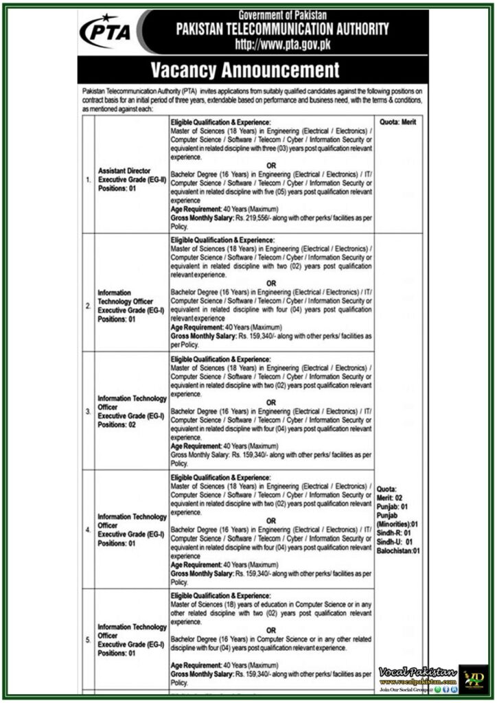 Pakistan Telecommunication Authority (PTA) Announces Multiple Technical & Engineering Posts–Latest Federal Government Jobs 4 Pakistan Telecommunication Authority (PTA) Announces Multiple Technical & Engineering Posts–Latest Federal Government Jobs